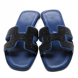 Hermes Blue/Black Crystal Embellished Suede Oran Sandals Size 39