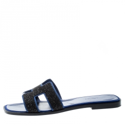 Hermes Blue/Black Crystal Embellished Suede Oran Sandals Size 39