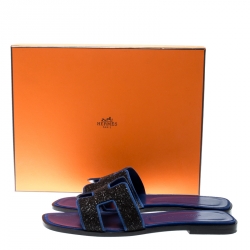 Hermes Blue/Black Crystal Embellished Suede Oran Sandals Size 39