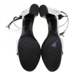 Pre Owned Hermes Metallic Silver Leather Manege Ankle Strap Sandals Size 38.5