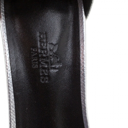 Pre Owned Hermes Metallic Silver Leather Manege Ankle Strap Sandals Size 38.5