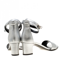 Pre Owned Hermes Metallic Silver Leather Manege Ankle Strap Sandals Size 38.5