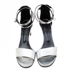 Pre Owned Hermes Metallic Silver Leather Manege Ankle Strap Sandals Size 38.5