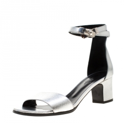 Pre Owned Hermes Metallic Silver Leather Manege Ankle Strap Sandals Size 38.5
