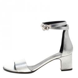 Pre Owned Hermes Metallic Silver Leather Manege Ankle Strap Sandals Size 38.5