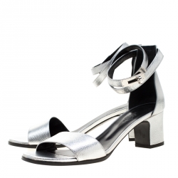 Pre Owned Hermes Metallic Silver Leather Manege Ankle Strap Sandals Size 38.5