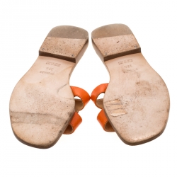 Hermes Orange Leather Oran Flat Slides Size 35.5