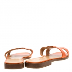 Hermes Orange Leather Oran Flat Slides Size 35.5