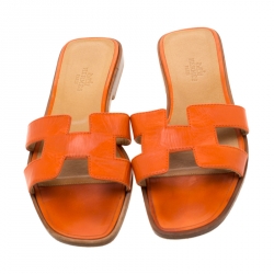 Hermes Orange Leather Oran Flat Slides Size 35.5