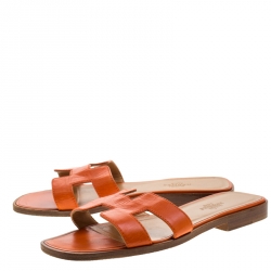 Hermes Orange Leather Oran Flat Slides Size 35.5