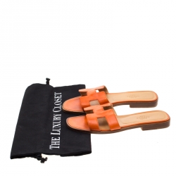 Hermes Orange Leather Oran Flat Slides Size 35.5
