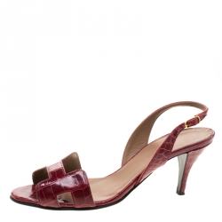 Hermes Burgundy Croc Leather Night Slingback Sandals Size 37