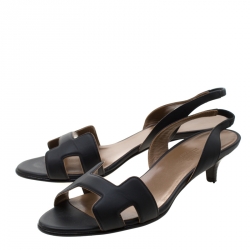 Hermes Black Leather Night Slingback Sandals Size 37