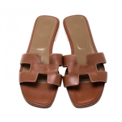 Hermes Brown Leather Oran Flat Sandals Size 40.5