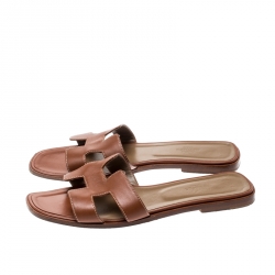 Hermes Brown Leather Oran Flat Sandals Size 40.5