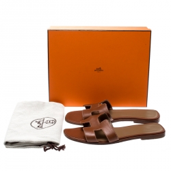 Hermes Brown Leather Oran Flat Sandals Size 40.5