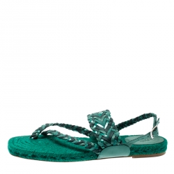 Pre Owned Hermes Green Braided Leather/Canvas Espadrille Flat Sandals Size 41