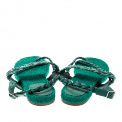 Pre Owned Hermes Green Braided Leather/Canvas Espadrille Flat Sandals Size 41