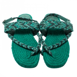 Pre Owned Hermes Green Braided Leather/Canvas Espadrille Flat Sandals Size 41