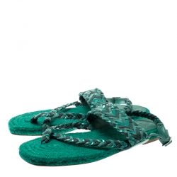 Pre Owned Hermes Green Braided Leather/Canvas Espadrille Flat Sandals Size 41