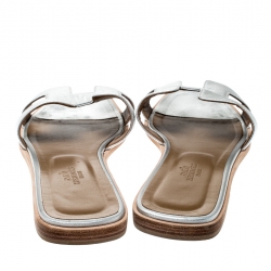 Hermes Metallic Silver Leather Oran Flat Sandals Size 40.5
