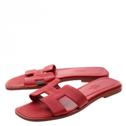 Hermes Red Leather Oran Slide Size 35