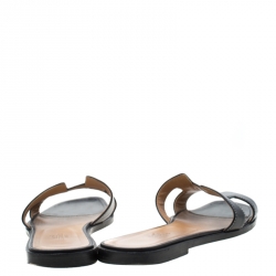  Hermes Black Leather Oran Slip On Slides Size 36.5
