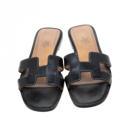  Hermes Black Leather Oran Slip On Slides Size 36.5