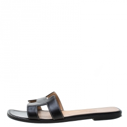  Hermes Black Leather Oran Slip On Slides Size 36.5
