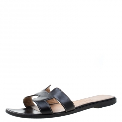  Hermes Black Leather Oran Slip On Slides Size 36.5