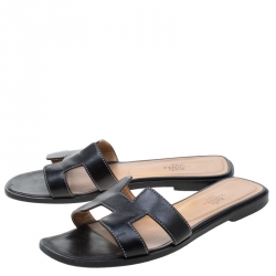  Hermes Black Leather Oran Slip On Slides Size 36.5