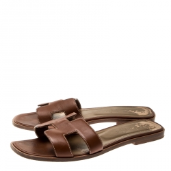 Hermes Brown Leather Oran Sandals Size 39