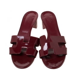 Hermes Burgundy Patent Leather Oasis Slip On Sandals 39.5