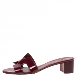 Hermes Burgundy Patent Leather Oasis Slip On Sandals 39.5