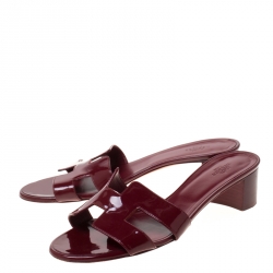 Hermes Burgundy Patent Leather Oasis Slip On Sandals 39.5