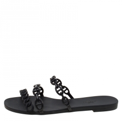 Hermes Black Rubber Nude Slip On Slides Size 37