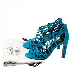 Pre Owned Hermes Blue Suede Strappy Peep Toe Sandals Size 38