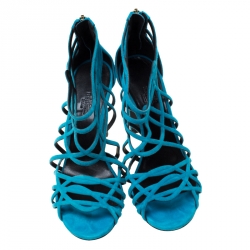 Pre Owned Hermes Blue Suede Strappy Peep Toe Sandals Size 38