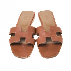 Hermes Brown Leather Oran Slip On Slides Size 41