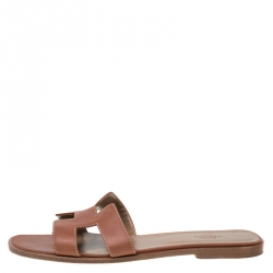 Hermes Brown Leather Oran Slip On Slides Size 41