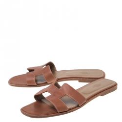 Hermes Brown Leather Oran Slip On Slides Size 41