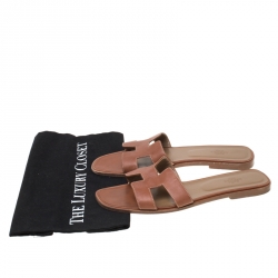 Hermes Brown Leather Oran Slip On Slides Size 41