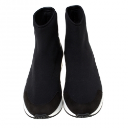 Pre Owned Hermes Black Mesh And Leather Soft High Top Sneakers Size 38