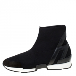 Pre Owned Hermes Black Mesh And Leather Soft High Top Sneakers Size 38