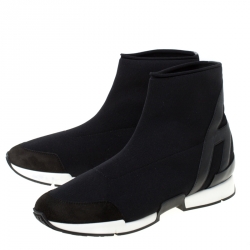 Pre Owned Hermes Black Mesh And Leather Soft High Top Sneakers Size 38