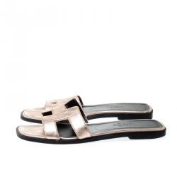Hermes Metallic Bronze Leather Oran Flat Slides Size 36