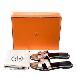 Hermes Metallic Bronze Leather Oran Flat Slides Size 36