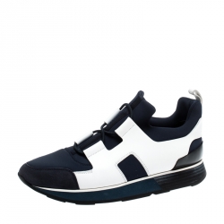 Hermes Navy Blue/White Fabric and Leather Player Sneakers Size 38