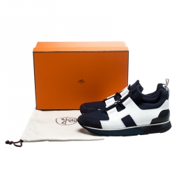 Hermes Navy Blue/White Fabric and Leather Player Sneakers Size 38
