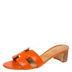 Hermes Orange Leather Oasis Slides Size 40